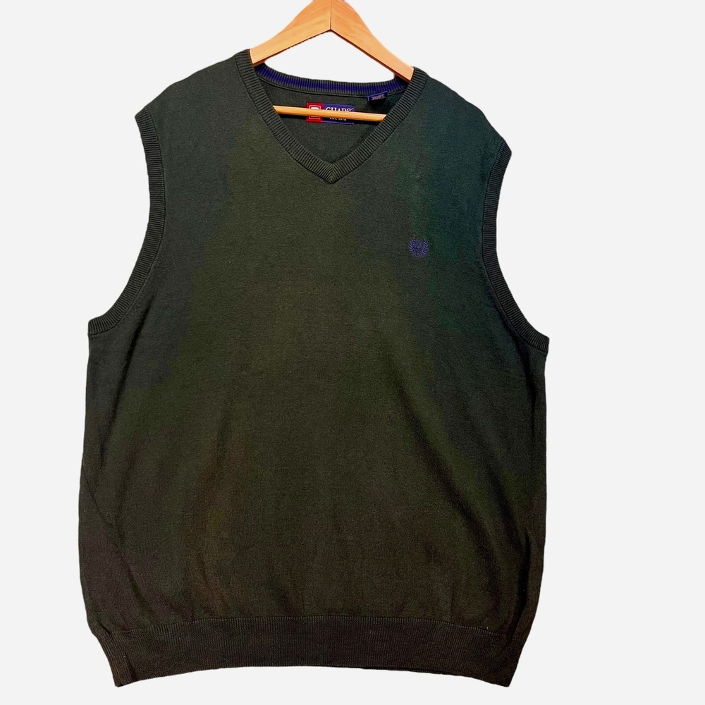 Chaps Green Cotton Knit V-Neck Sweater Vest Men's Large Classic Preppy L - Picture 2 of 5
